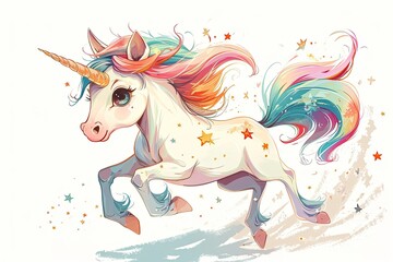 Magical cute unicorn and rainbow illustration isolated on white background - obrazy, fototapety, plakaty
