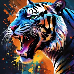 Tiger head with colorful splashes and spots. Vector illustration.