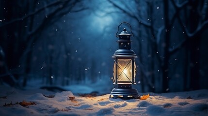 Glowing Lantern in Moonlit Winter Night - obrazy, fototapety, plakaty