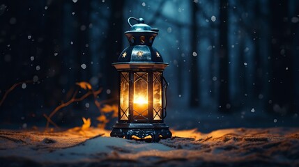 Glowing Lantern in Moonlit Winter Night - obrazy, fototapety, plakaty