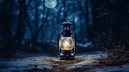 Glowing Lantern in Moonlit Winter Night