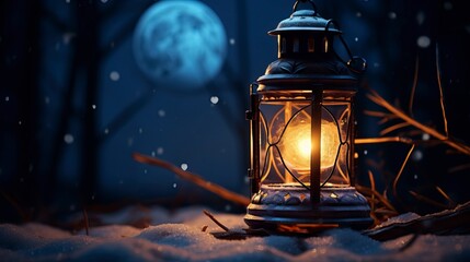 Fototapeta na wymiar Glowing Lantern in Moonlit Winter Night