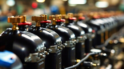 Industrial Steel Gas Cylinders: Row of High-Pressure Tanks in a Factory Setting