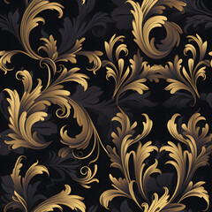 Gold and black floral graphic pattern on black background. Paisley pattern. Seamless pattern. Elegant pattern.