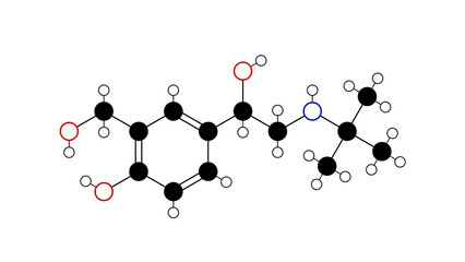 salbutamol molecule, structural chemical formula, ball-and-stick model, isolated image albuterol