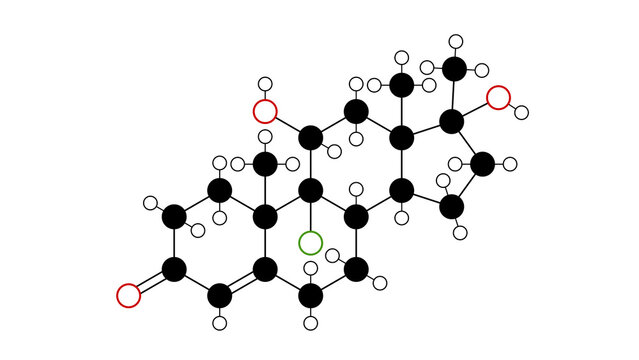 fluoxymesterone molecule, structural chemical formula, ball-and-stick model, isolated image anabolic steroid