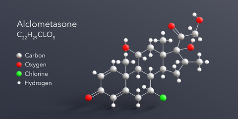 alclometasone molecule 3d rendering, flat molecular structure with chemical formula and atoms color coding - obrazy, fototapety, plakaty