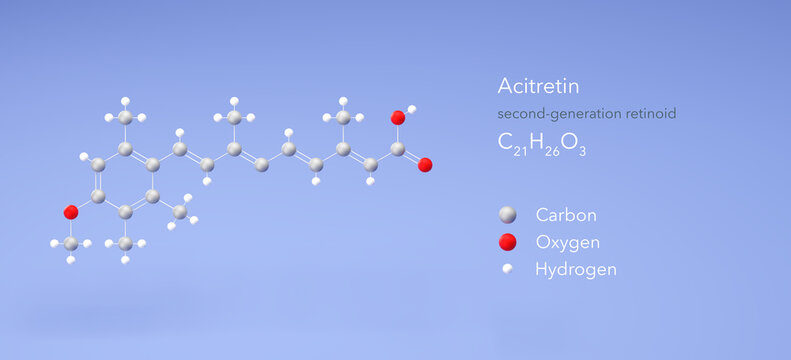 acitretin molecule, molecular structures, second-generation retinoid, 3d model, Structural Chemical Formula and Atoms with Color Coding