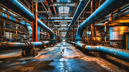 Industrial Factory with Steel Pipes: Pipeline Network and Equipment in a Plant Setting - obrazy, fototapety, plakaty