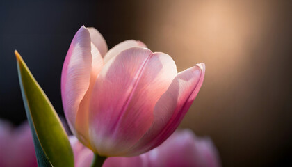 A vibrant tulips bask in the soft glow of sunset, their petals a blend of pink and white, amidst a soft-focus garden. Ideal for spring themes, conveying renewal and beauty.
