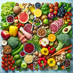 vibrant display of various fresh foods including fruits, vegetables, meats, and other items. It seems to represent a balanced diet