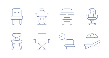 Chair icons. Editable stroke. Containing chair, directorchair, babychair, waitingroom, gamingchair, deckchair.