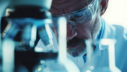 Close up of scientist looking through a microscope in a laboratory. - obrazy, fototapety, plakaty