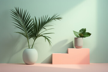 Houseplants in pots next to pastel mint color wall with shadows