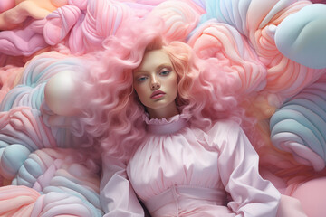 Beautiful girl with pink curly hair in light pastel colors.