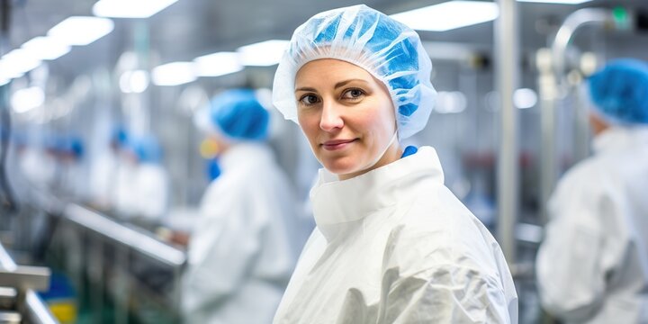 Woman in protective gear supervising quality in a large-scale food processing unit , concept of Food safety