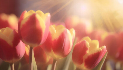 A radiant display of tulips illuminated by golden sunlight. Red and yellow petals contrast beautifully, ideal for spring-themed content.