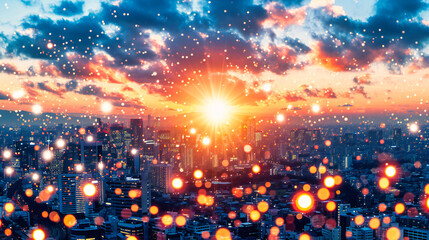Fototapeta na wymiar Bright and Blurred Bokeh Lights: Abstract Background with Sky and City Elements