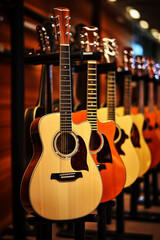 Acoustic guitars in a modern musical shop
