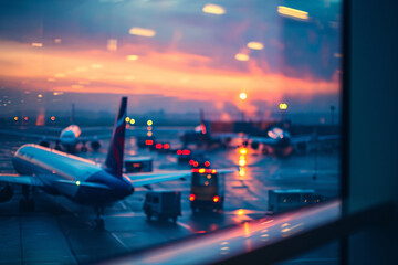 Looking at an airplane through the window of an airport gate, blurry airport terminal background - obrazy, fototapety, plakaty