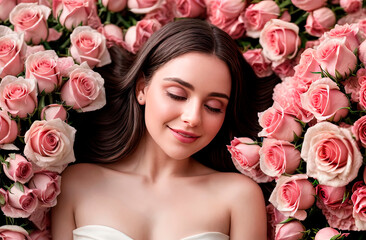 A pretty young girl in a white dress with a neckline lies on pink peach roses, smiles and closed her eyes, close-up