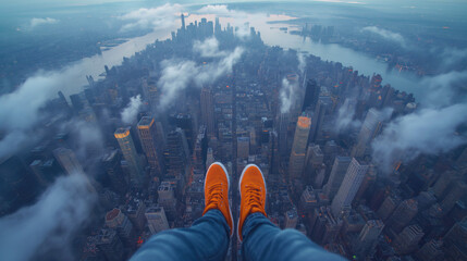 A man skydiving in New York City - obrazy, fototapety, plakaty