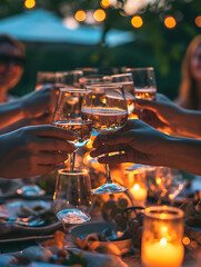 Naklejka premium A group of people raising their wine glasses in a celebratory toast. Perfect for social gatherings and special occasions