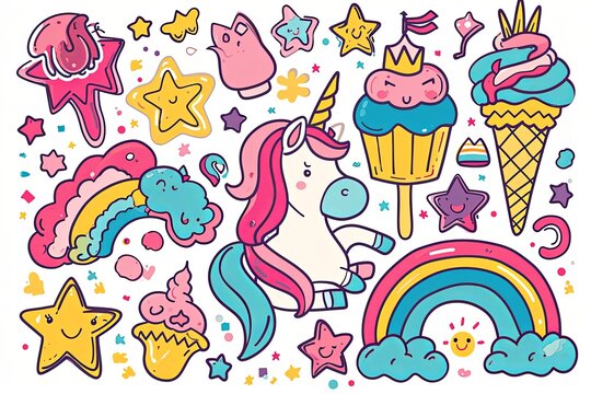 Cute unicorn doodle illustration and Seamless pattern isolated on white background