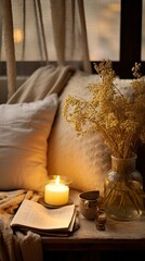 Fototapeta na wymiar Cozy Candlelit Corner with Delicate Dried Flowers