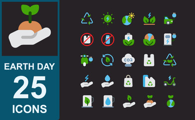 earth day icon set.flat style.dark background.vector collection of biodiversity,recycled plastic,save energy,save water,electric bicycle,petrol,leaves,plants,plant Trees.vector illustration.