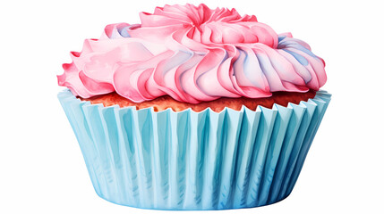 Vibrant Watercolor Cupcake with Pink and Blue Swirled Frosting Illustration