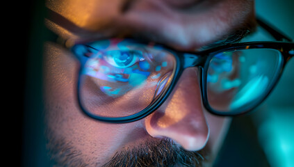 Close-up portrait of a person wearing glasses, with reflections of a computer screen displaying code on the glasses