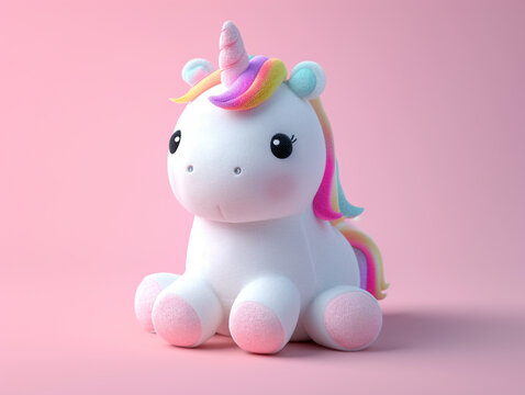 Cute kawaii squishy unicorn plush toy with realistic texture and visible stitch line. Soft and smooth background lighting. 