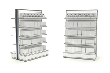 Store double-sided racks with glass shelves and blank perfume boxes with perfume bottles. 3d illustration isolated on white