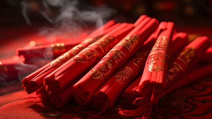 Festive celebration with red Chinese lanterns, firecrackers and lion dancers performing, Folk art...