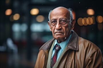 Portrait of a tender indian elderly man in his 90s wearing a functional windbreaker against a sophisticated corporate office background. AI Generation