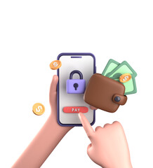 3d rendering of smartphone with hand, 3D pastel business finance icon set.