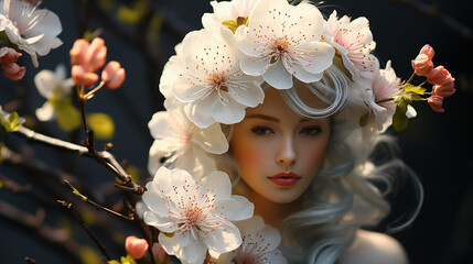 Female model wearing a hairband made of flowers, abstract