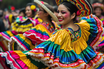 Cinco de Mayo parade with colorful floats, dancers, musicians, and people celebrating the holiday with pride and enthusiasm - obrazy, fototapety, plakaty
