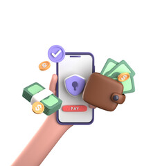 3d rendering of smartphone with hand, 3D pastel business finance icon set.