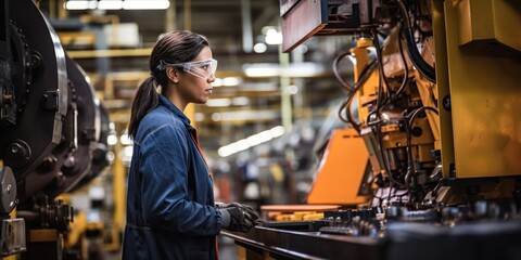 Woman operating heavy machinery in a well-organized, modern manufacturing facility , concept of Efficient production - obrazy, fototapety, plakaty