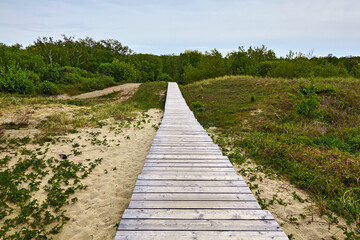 Obraz premium Wooden ecological trail made of weathered boards in the dunes. Direct path into the distance