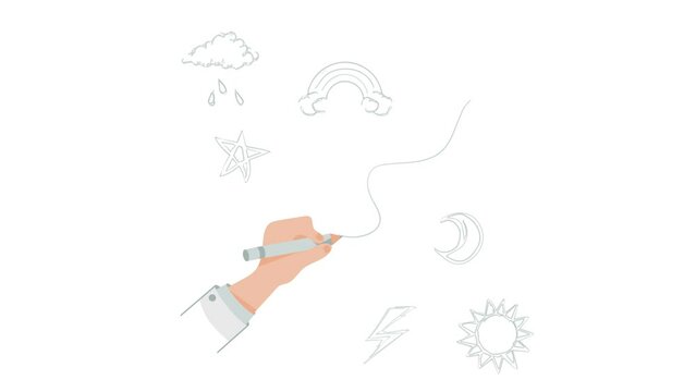 Animation of a flat hand with a pencil that draws simple children's drawings of celestial bodies: star, rainbow, clouds, lightning, sun, moon.