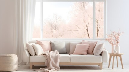 White cushions and cream color blanket on white sofa against of window. Scandinavian style interior design of modern living room, soft pastel colors. 