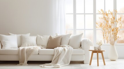 White cushions and cream color blanket on white sofa against of window. Scandinavian style interior design of modern living room, soft pastel colors.  - obrazy, fototapety, plakaty