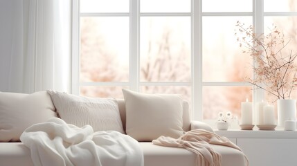 White cushions and cream color blanket on white sofa against of window. Scandinavian style interior...