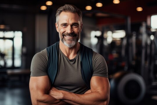 Portrait of a happy man in his 40s wearing a rugged jean vest against a dynamic fitness gym background. AI Generation