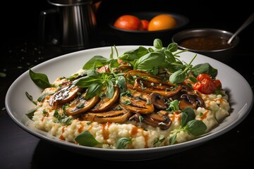 Risotto with mushrooms in a large white plate.