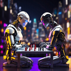 Focus on two shiny metal humanoid robots playing chess sitting at the table against a bright and colorful futuristic city, at night