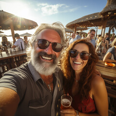 Pareja de 50 años tomándose un selfie en bar de la playa. Disfrutando de la jubilación viajando...
